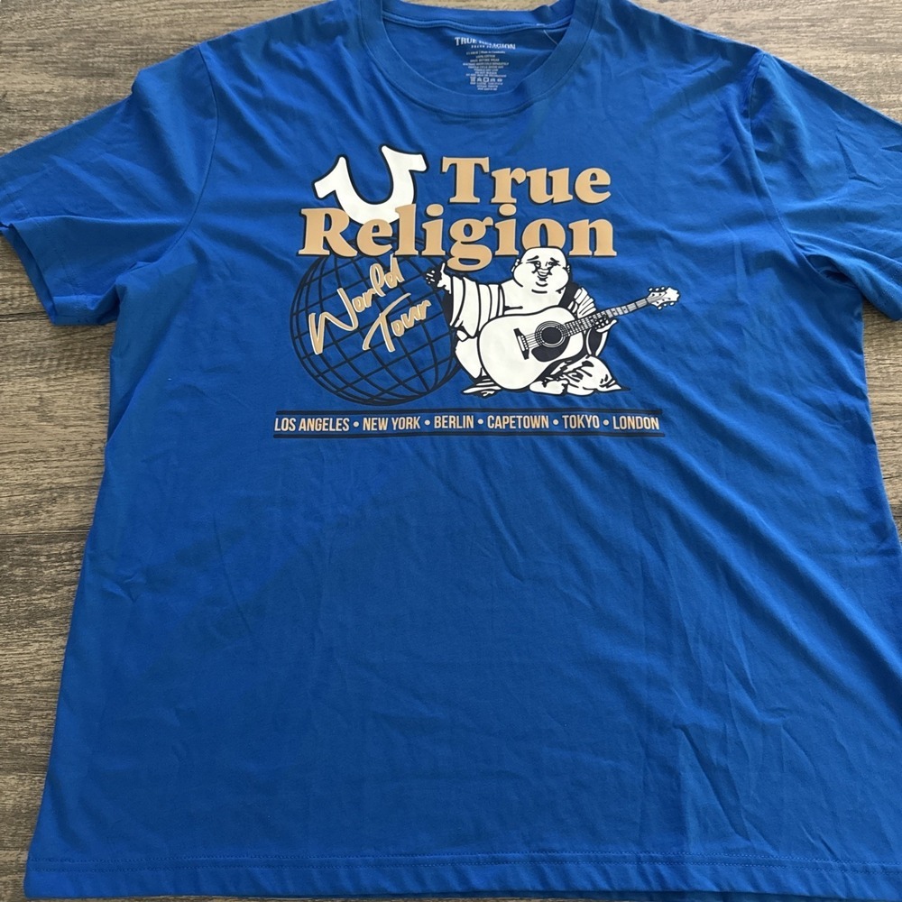 True Religion World Tour Blue Graphic Print Men's T-Shirt Buddha Logo Size XL